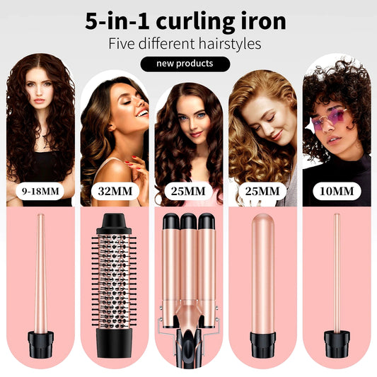 5 in 1 Hair Curlers Set – Interchangeable Barrels & Curling Brush | Frizz-Free, Salon-Quality Curls at Home